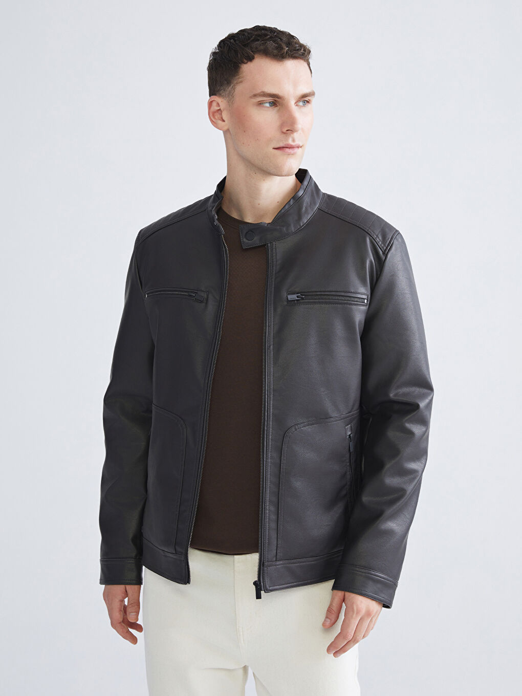 High Collar Men's Leather Look Coat