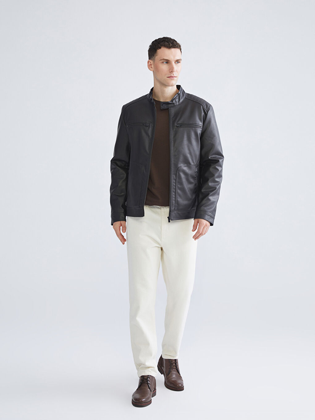 High Collar Men's Leather Look Coat-1