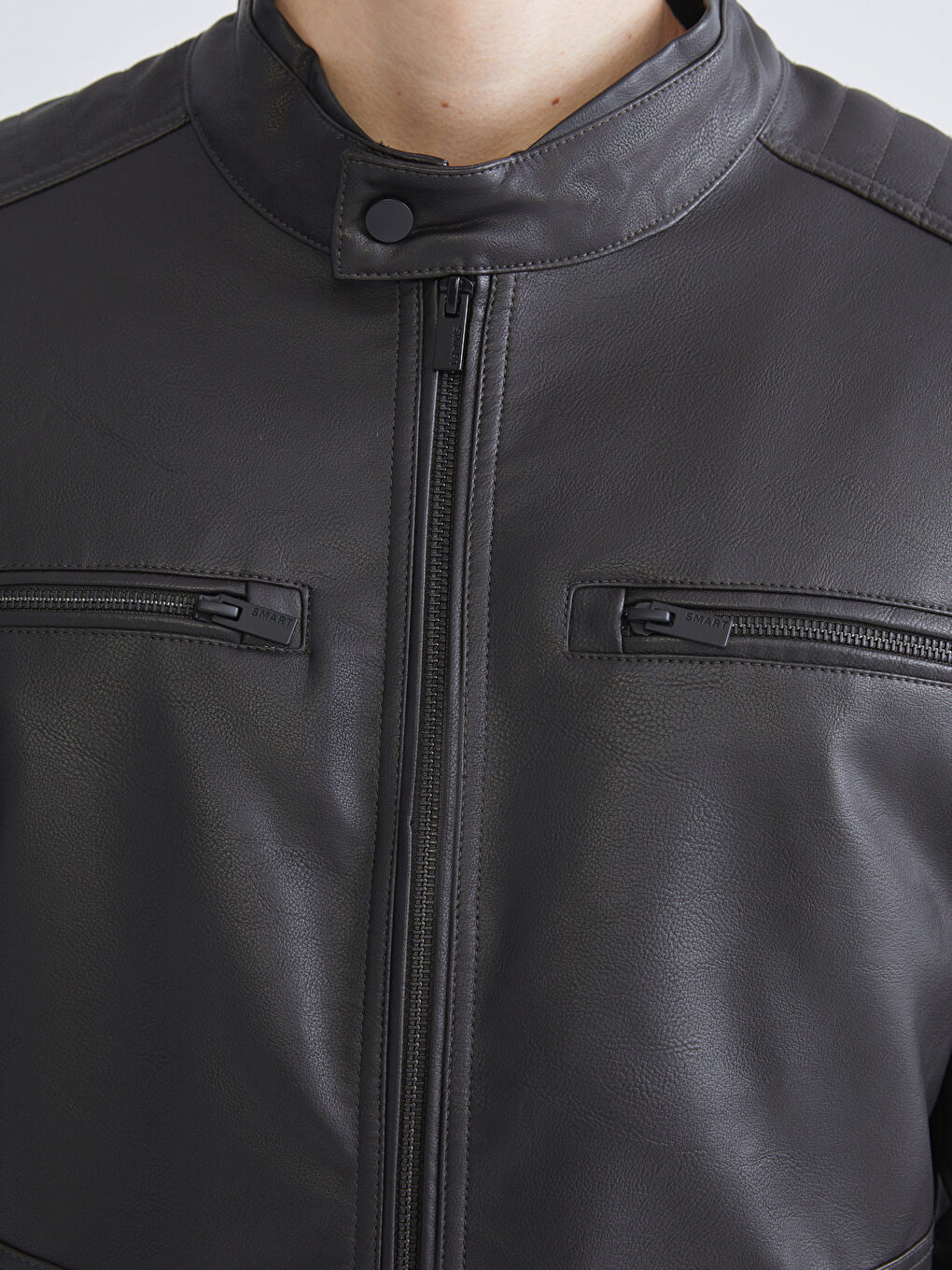 High Collar Men's Leather Look Coat-3