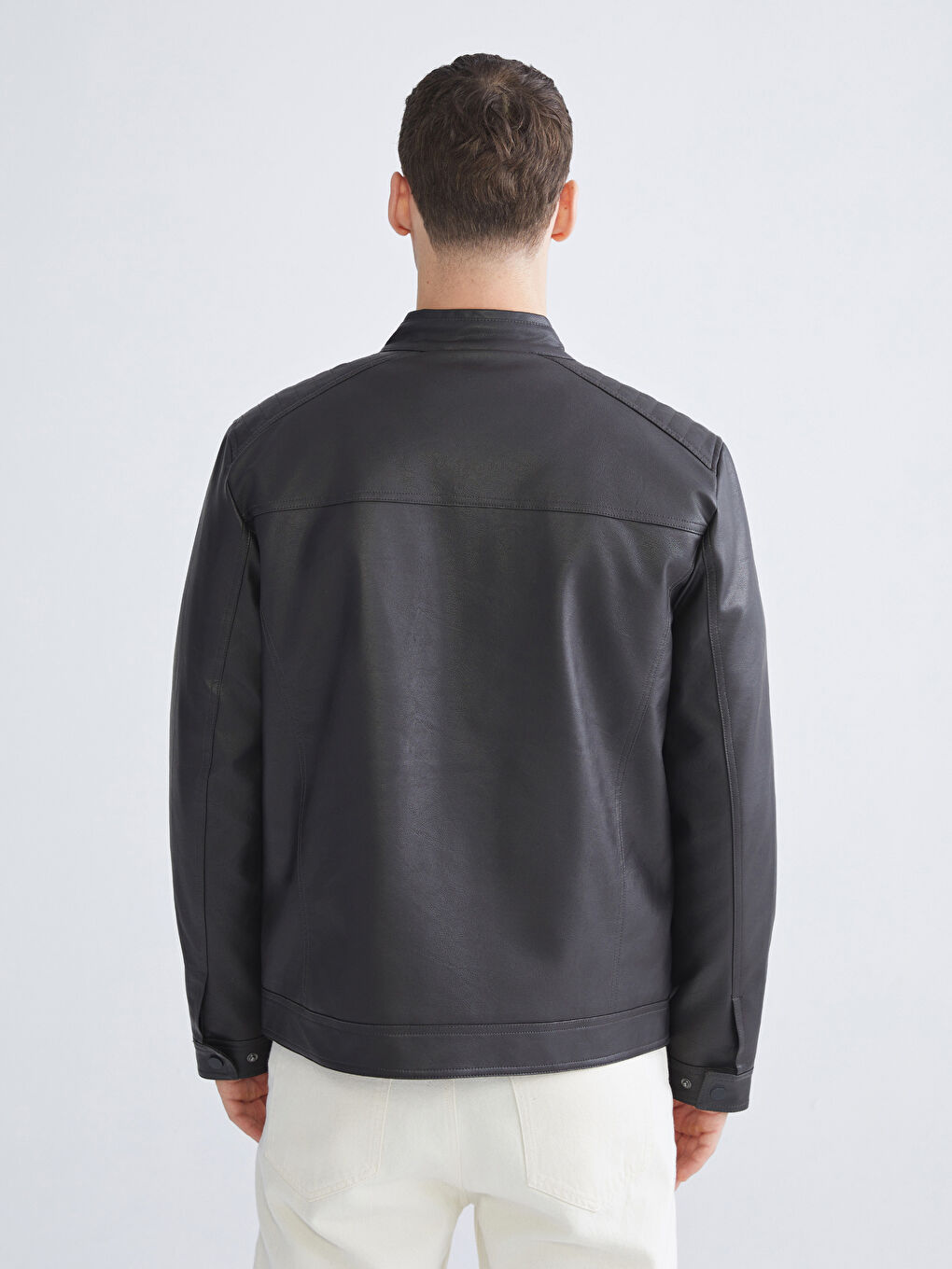 High Collar Men's Leather Look Coat-4