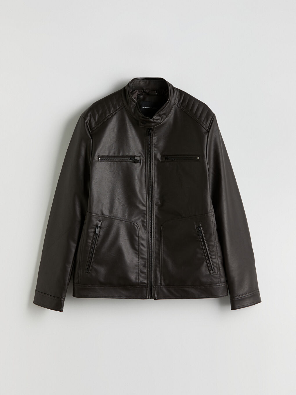High Collar Men's Leather Look Coat-5