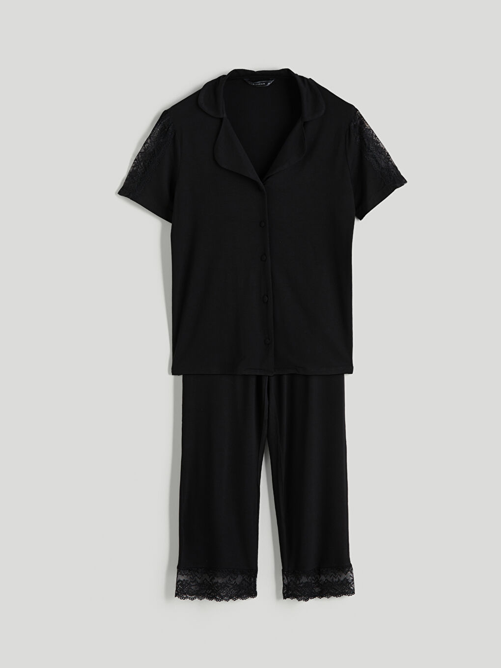 Siyah Gömlek Yaka Dantel Detaylı Kadın Pijama Takımı-6