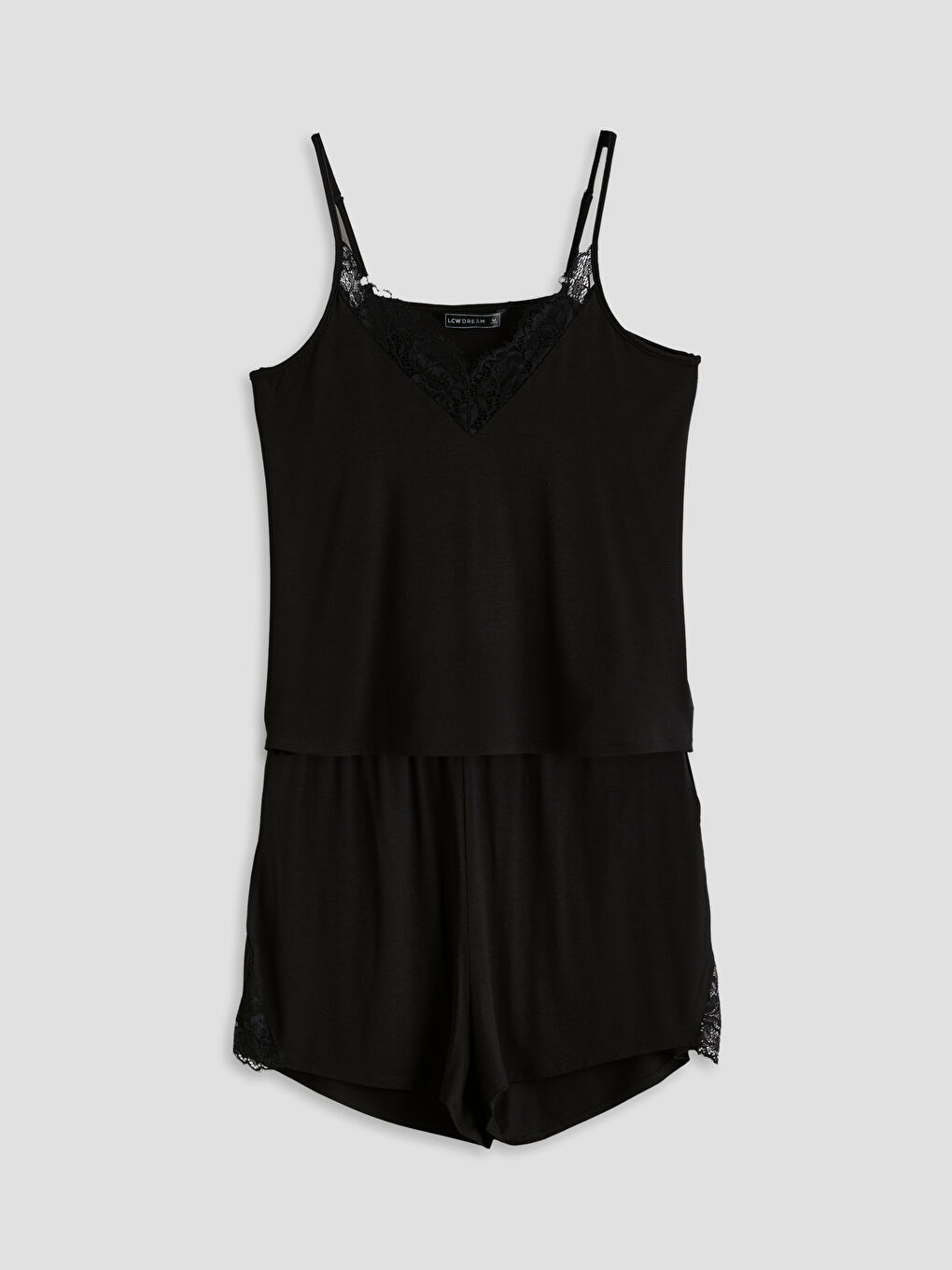 Siyah V Yaka Dantelli Askılı Kadın Şortlu Pijama Takımı-4