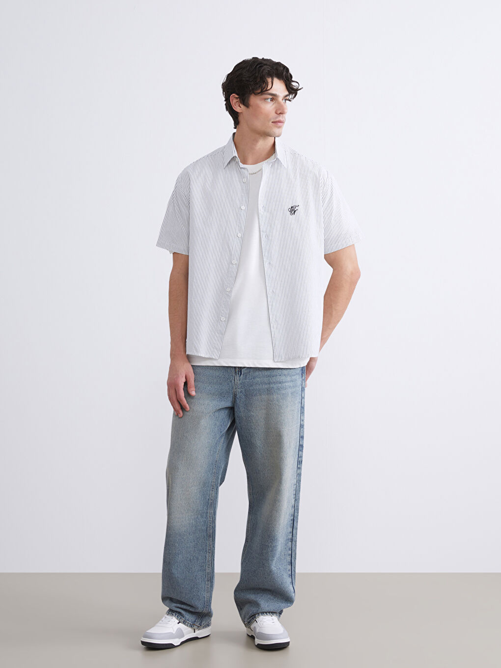 Siyah Regular Fit Kısa Kollu Çizgili Poplin Erkek Gömlek-1