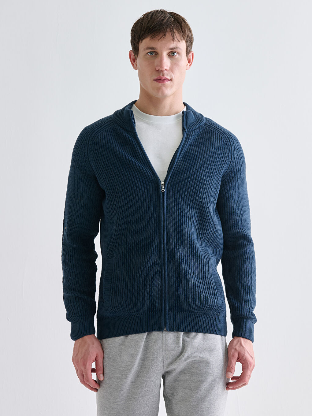 Large Size Regular Fit Funnel Neck Men's Knit Cardigan-1