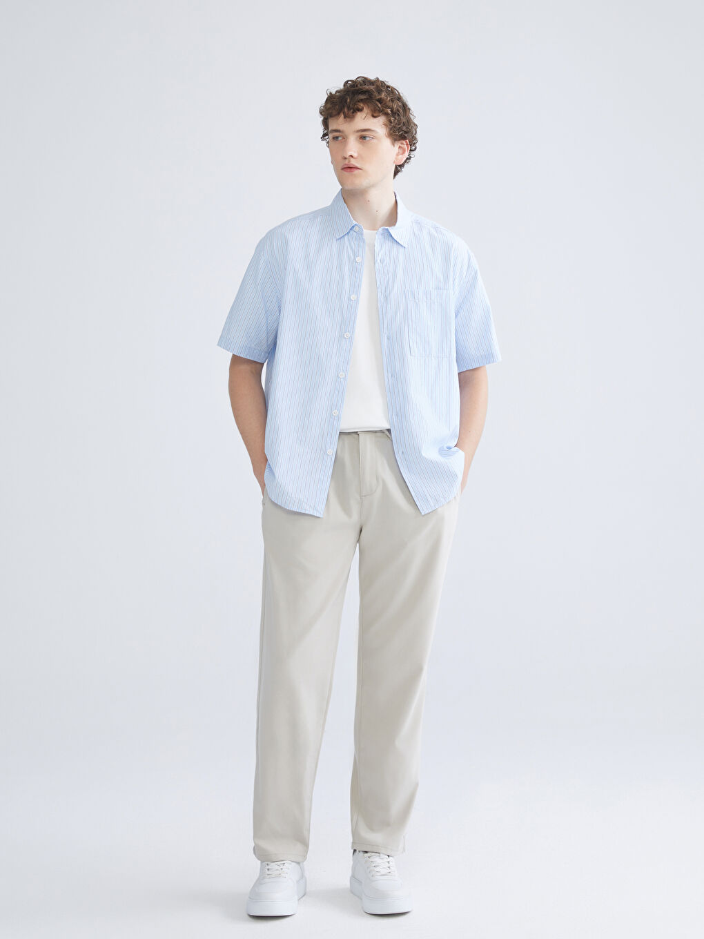 Mavi Rahat Kalıp Kısa Kollu Çizgili Erkek Gömlek-1