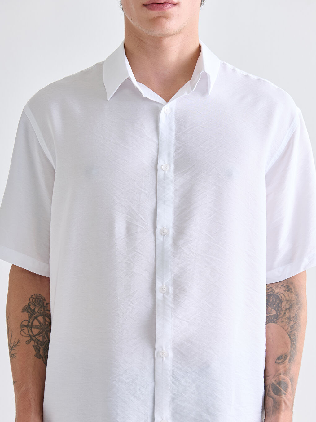 Beyaz Regular Fit Kısa Kollu Viskon Erkek Gömlek-2
