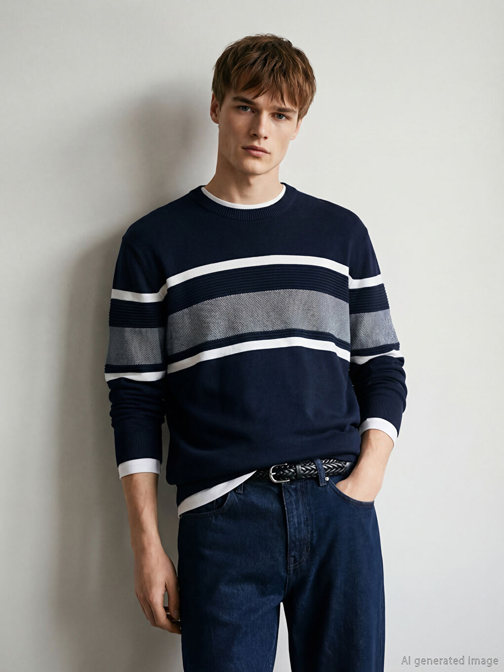 Crew Neck Long Sleeve Striped Men's Knitwear Sweater