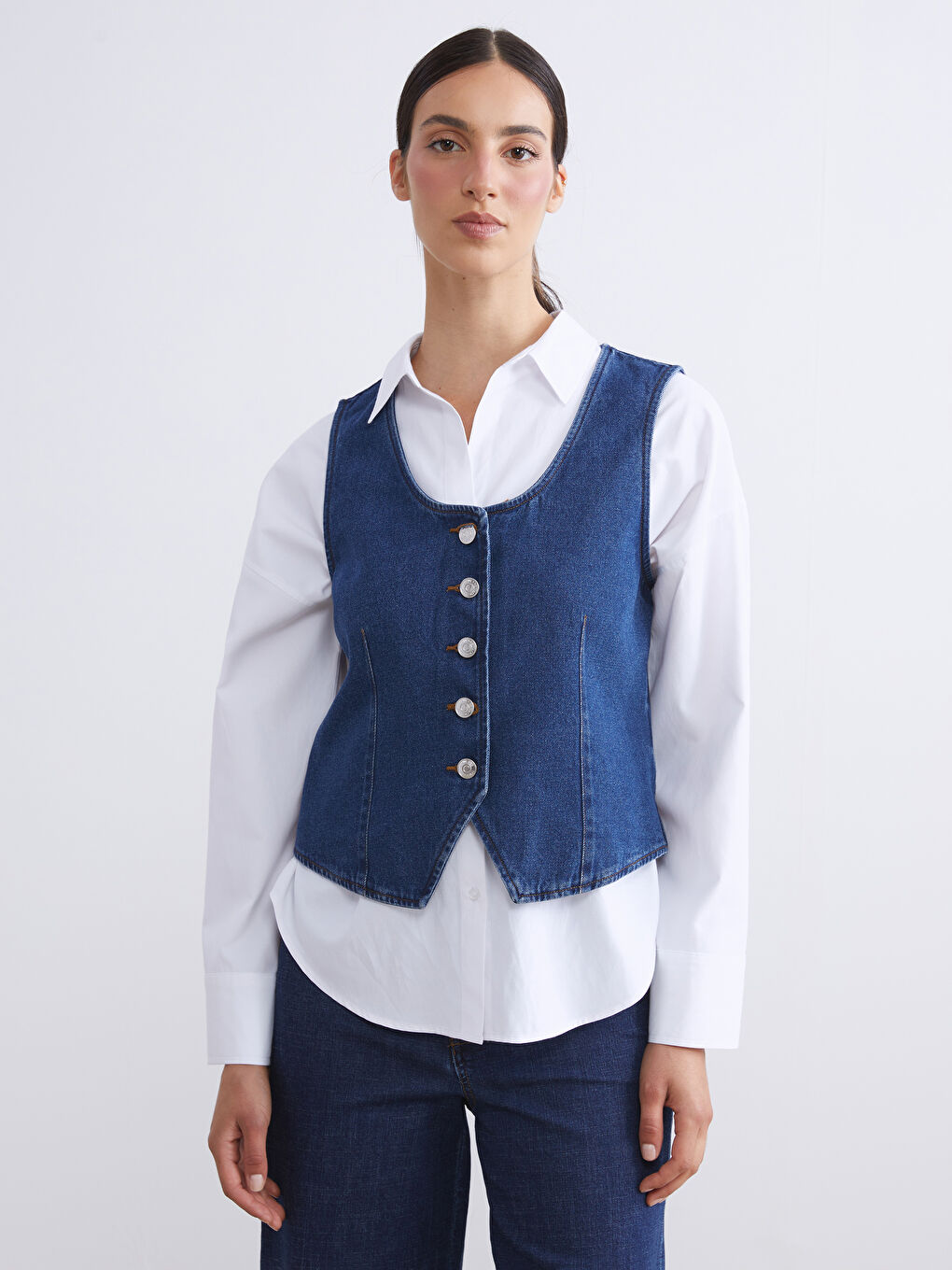 LCW Modest U Neck Women's Denim Waistcoat -W52429Z8-309