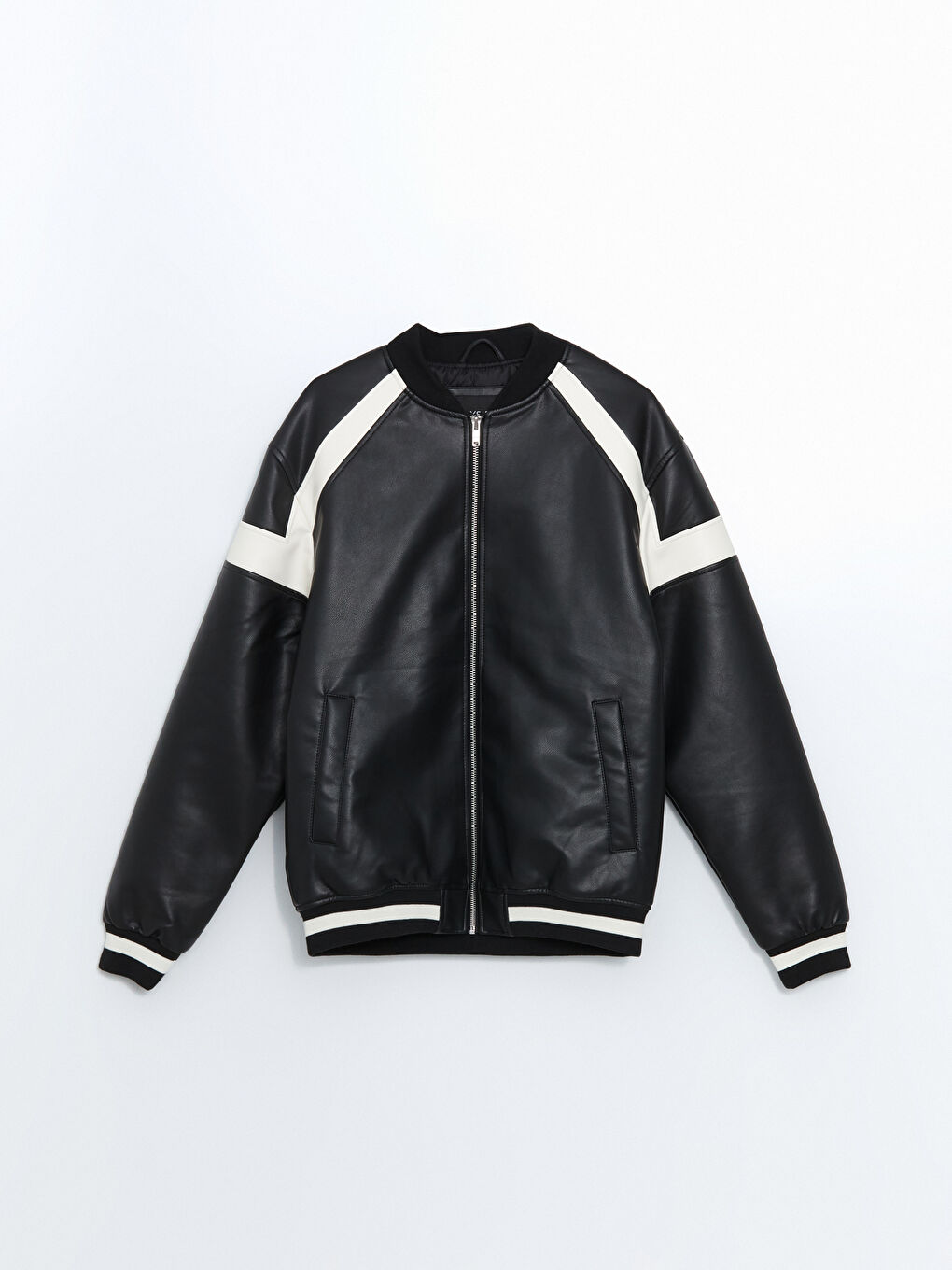 Siyah Standart Kalıp Kolej Yaka Erkek Deri Görünümlü Ceket-6