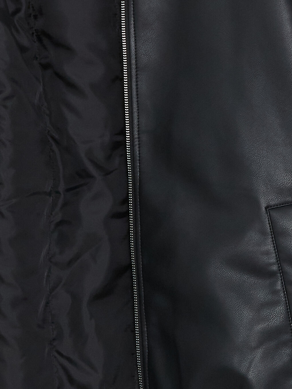 Siyah Standart Kalıp Kolej Yaka Erkek Deri Görünümlü Ceket-7