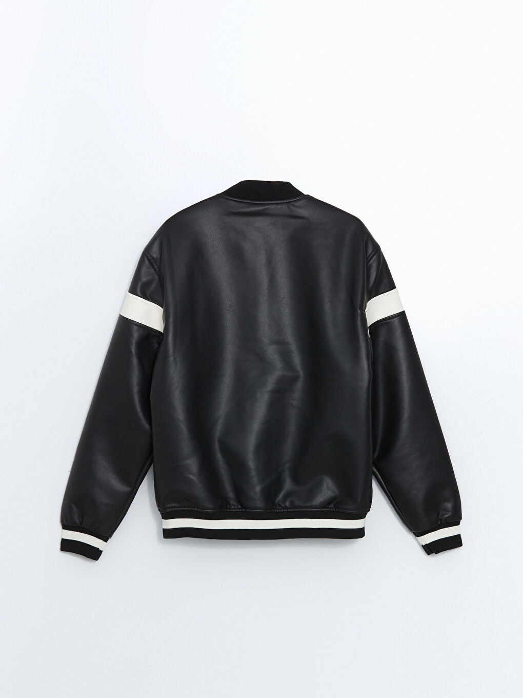 Siyah Standart Kalıp Kolej Yaka Erkek Deri Görünümlü Ceket-8
