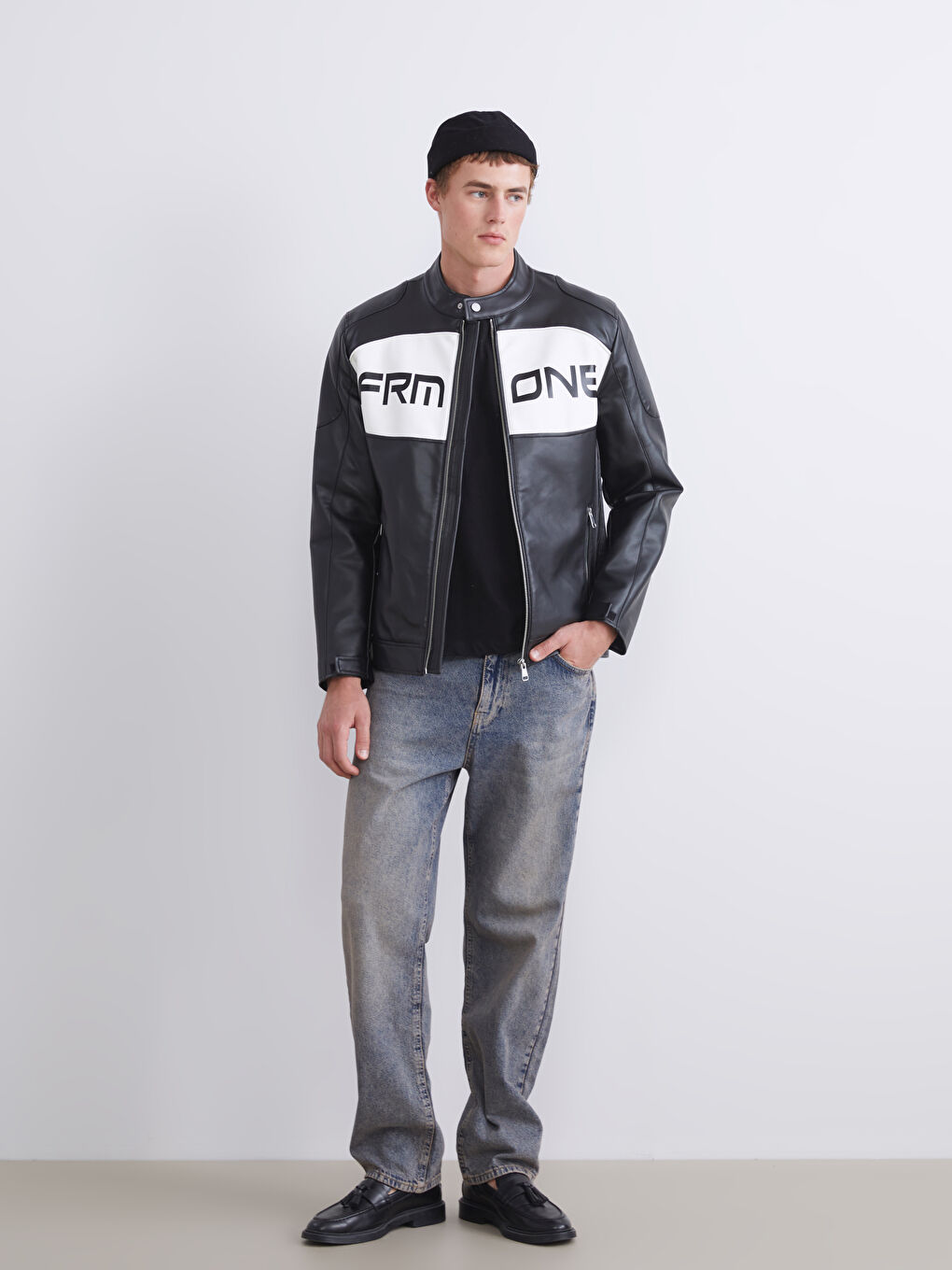 Siyah Slim Fit Biker Yaka Erkek Deri Görünümlü Ceket-1