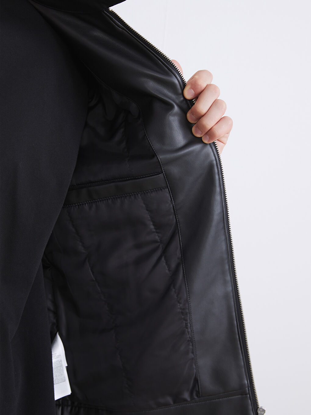 Siyah Slim Fit Biker Yaka Erkek Deri Görünümlü Ceket-2