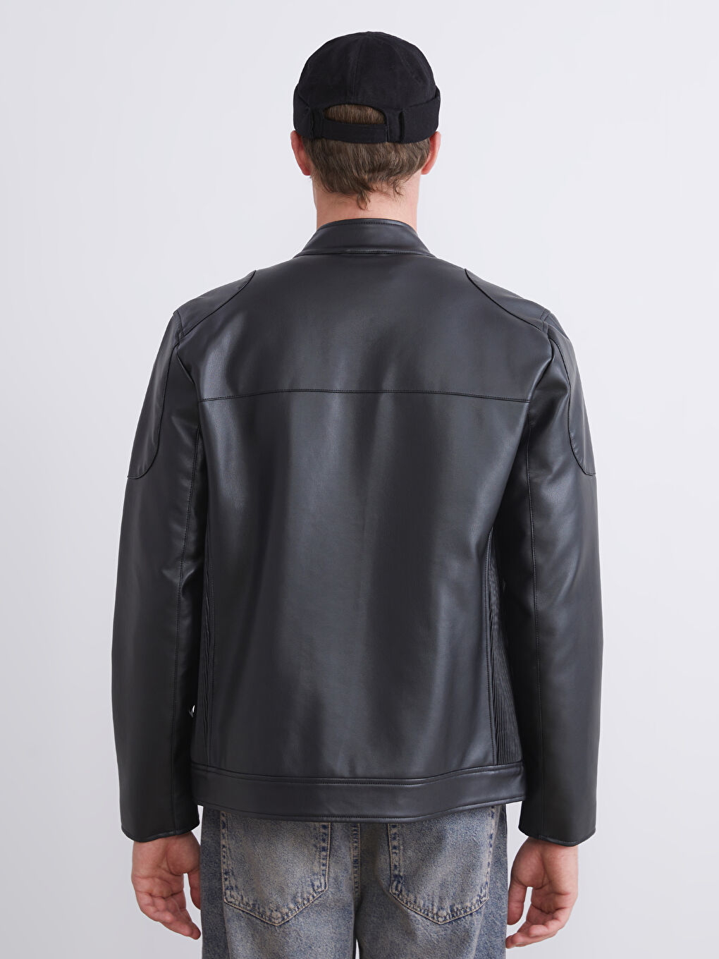 Siyah Slim Fit Biker Yaka Erkek Deri Görünümlü Ceket-4