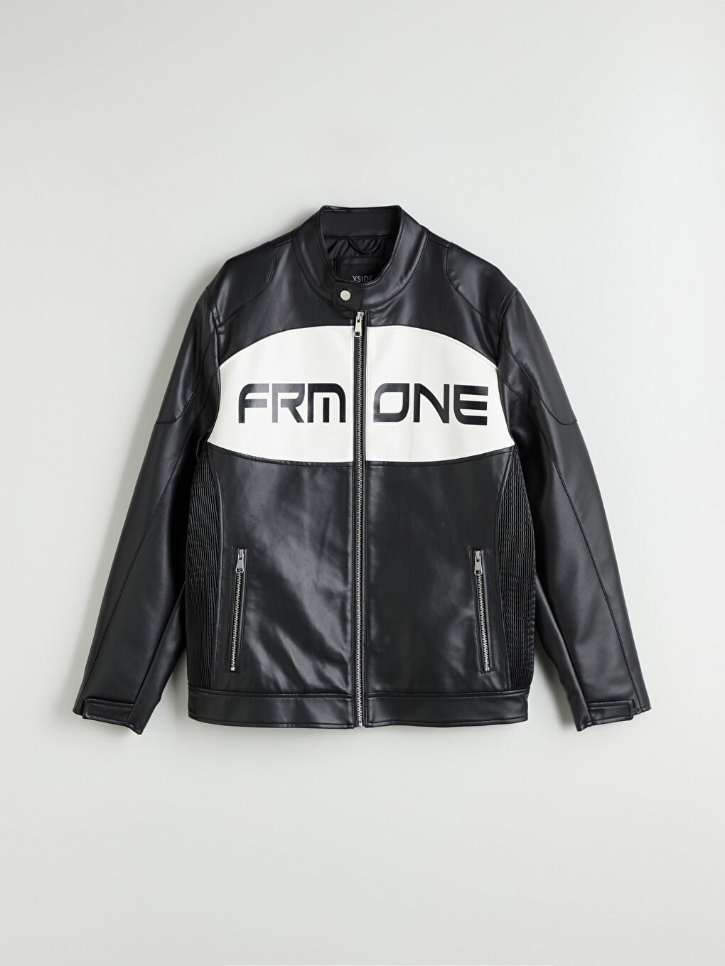 Siyah Slim Fit Biker Yaka Erkek Deri Görünümlü Ceket-5