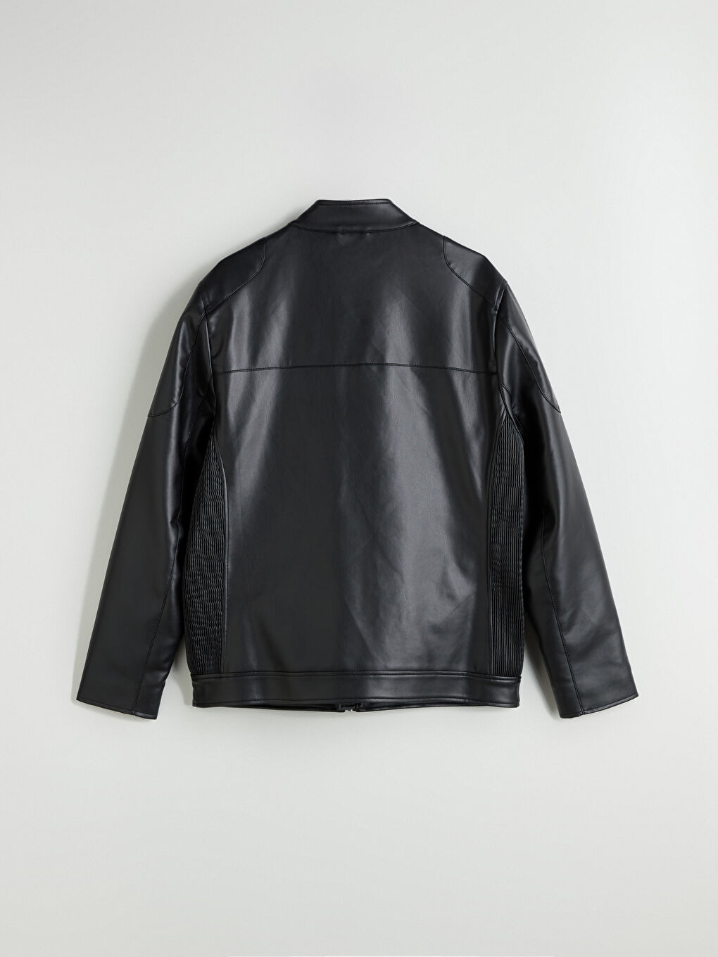 Siyah Slim Fit Biker Yaka Erkek Deri Görünümlü Ceket-7