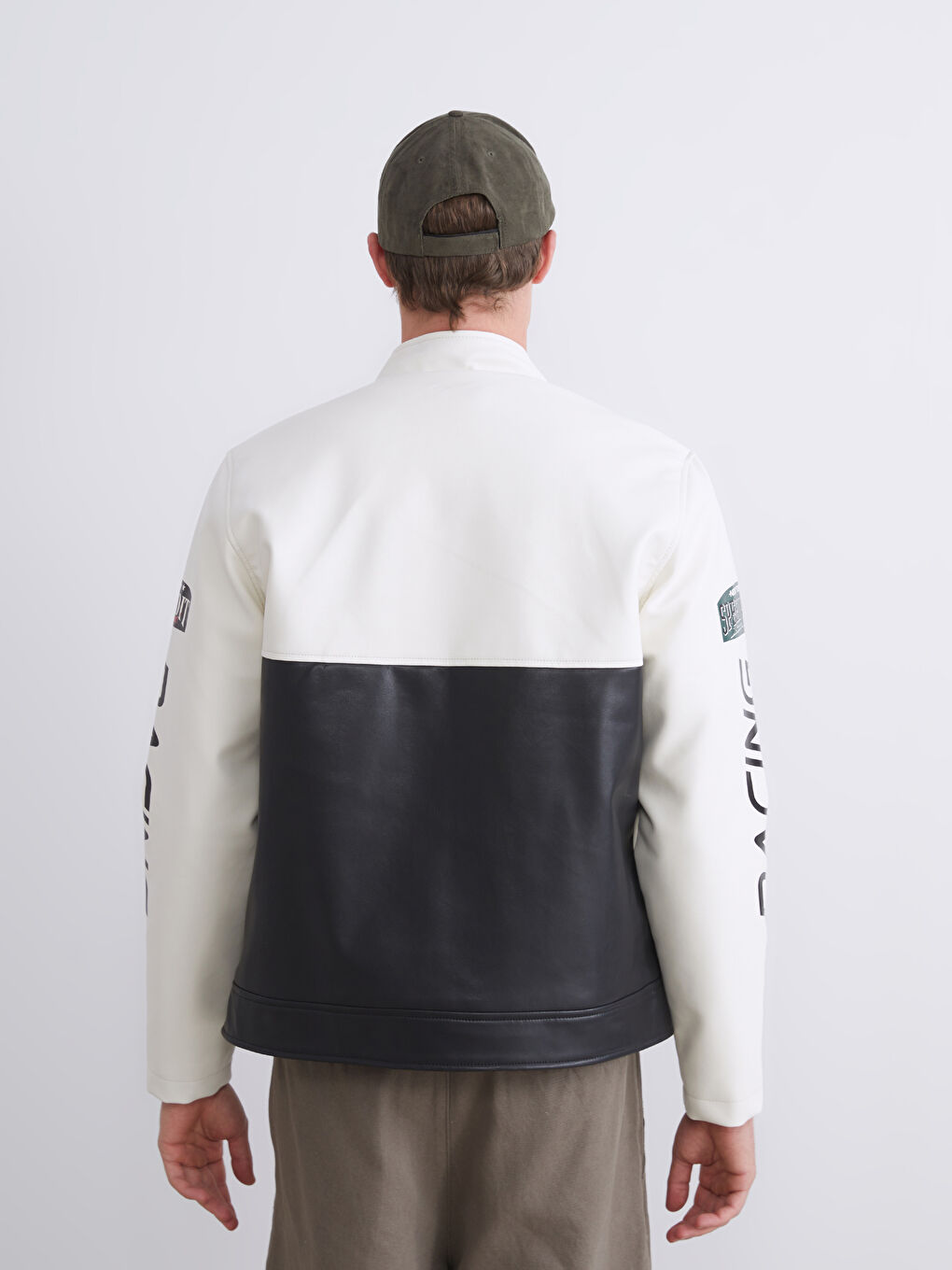 Siyah Standart Kalıp Dik Yaka Erkek Deri Görünümlü Mont-4