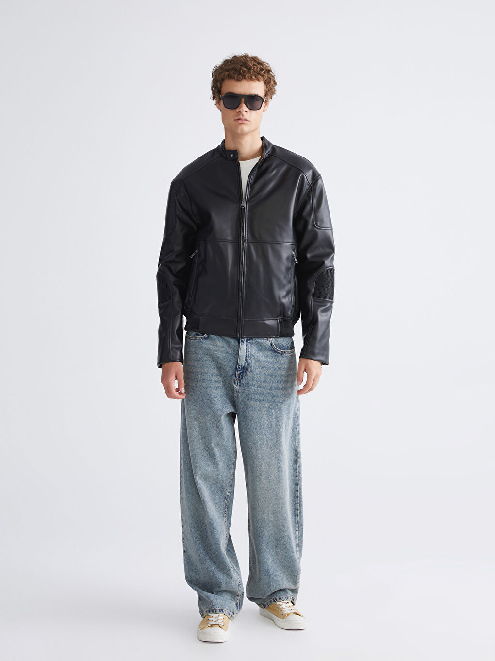 Siyah Rahat Kalıp Biker Yaka Erkek Deri Görünümlü Ceket-1