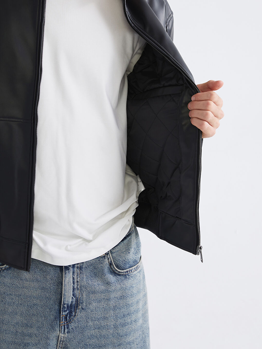 Siyah Rahat Kalıp Biker Yaka Erkek Deri Görünümlü Ceket-3