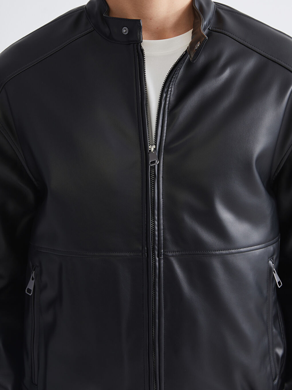 Siyah Rahat Kalıp Biker Yaka Erkek Deri Görünümlü Ceket-4