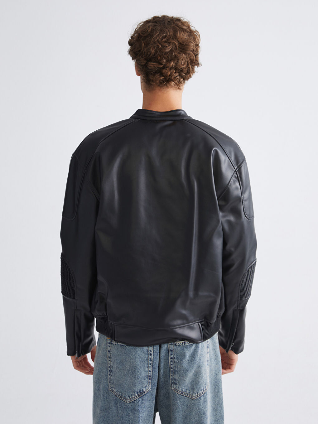 Siyah Rahat Kalıp Biker Yaka Erkek Deri Görünümlü Ceket-5