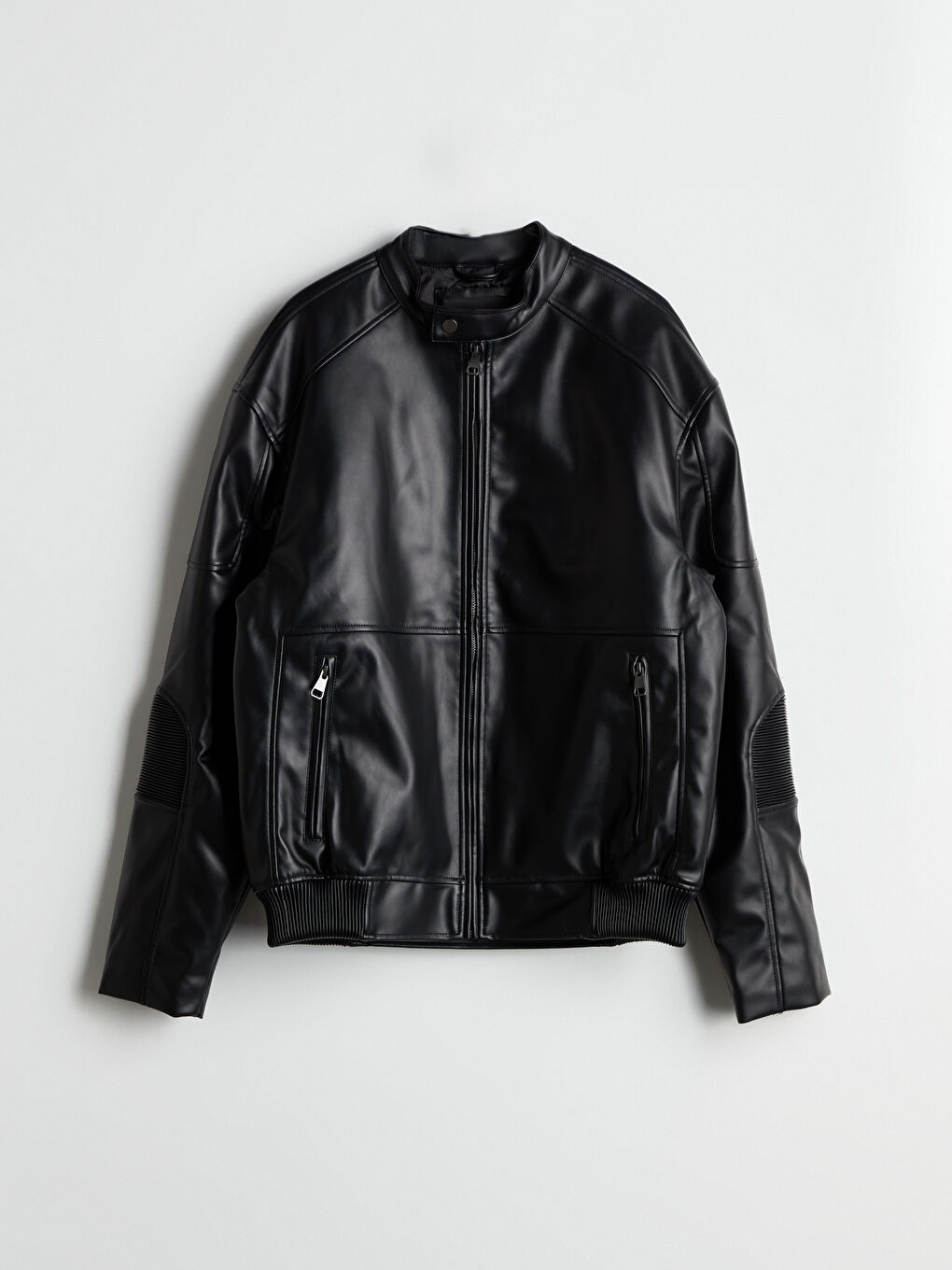 Siyah Rahat Kalıp Biker Yaka Erkek Deri Görünümlü Ceket-6