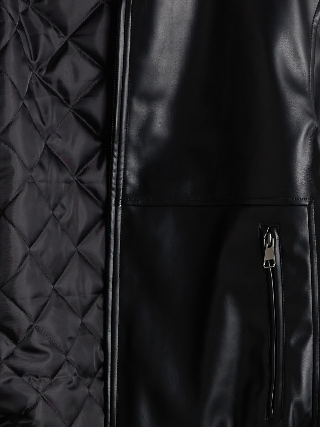 Siyah Rahat Kalıp Biker Yaka Erkek Deri Görünümlü Ceket-7