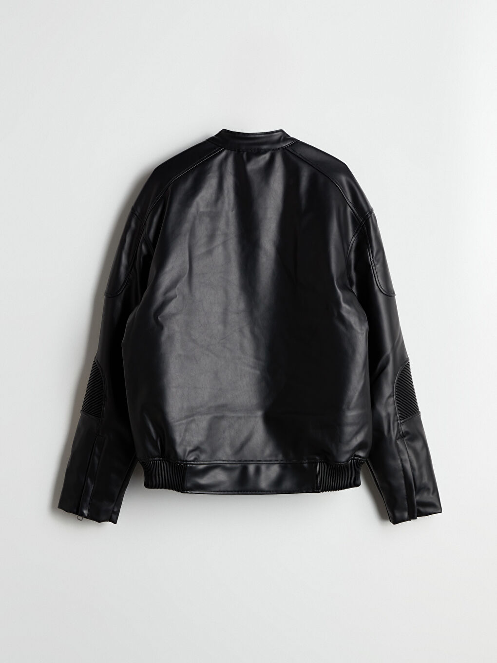 Siyah Rahat Kalıp Biker Yaka Erkek Deri Görünümlü Ceket-8