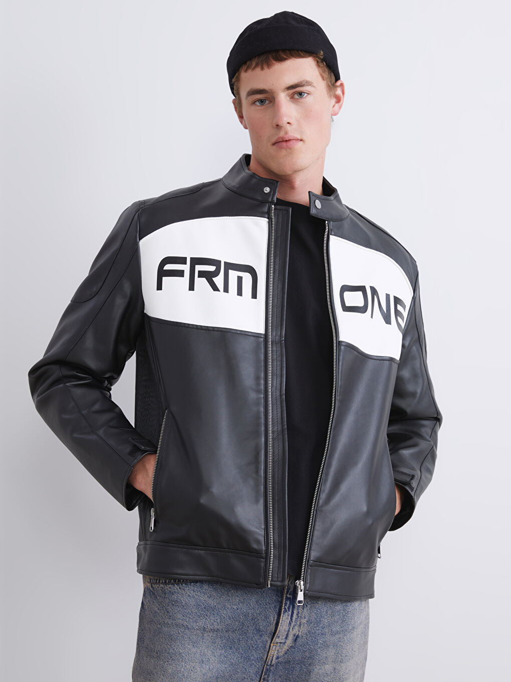 Slim Fit Biker Neck Men's Faux Leather Coat