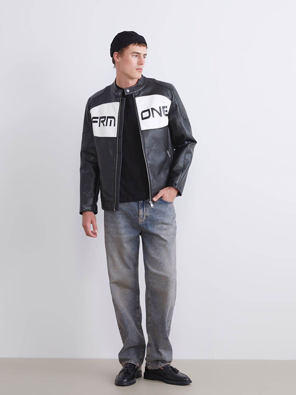 Slim Fit Biker Neck Men's Faux Leather Coat-1