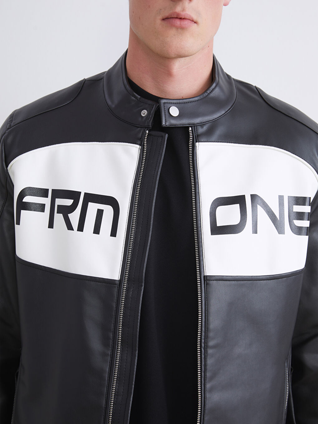 Slim Fit Biker Neck Men's Faux Leather Coat-2