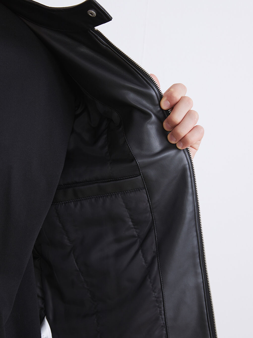 Slim Fit Biker Neck Men's Faux Leather Coat-3