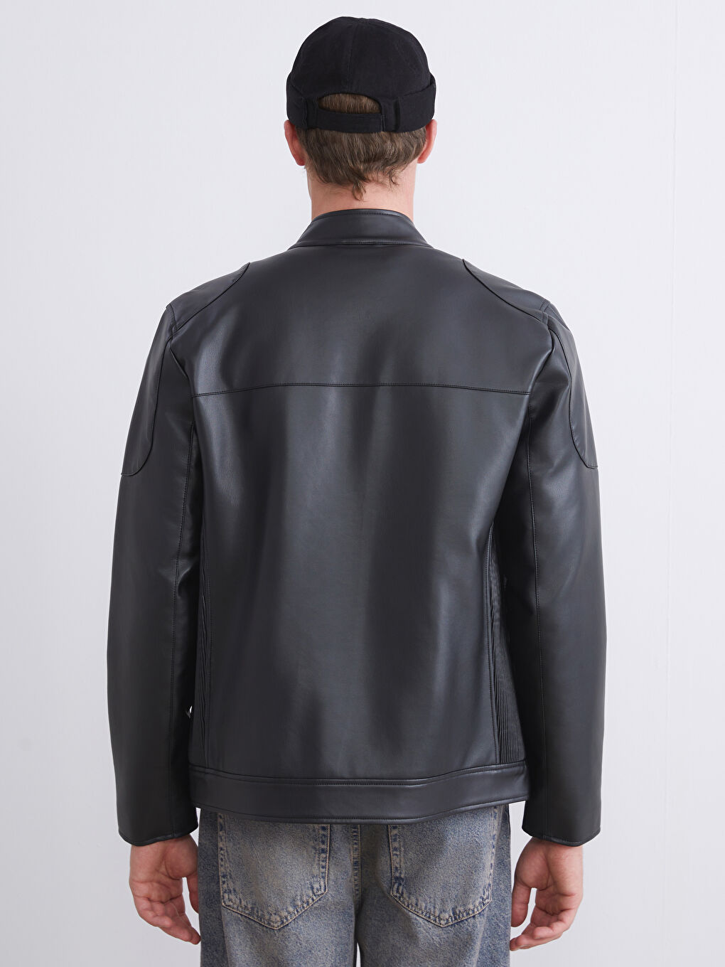 Slim Fit Biker Neck Men's Faux Leather Coat-4