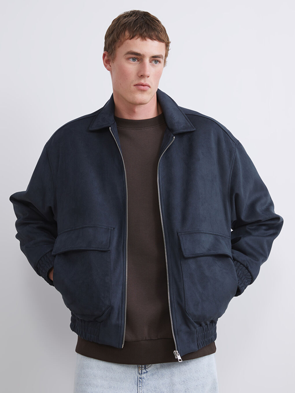 Relaxed Fit Collared Neck Suede Men's Coat