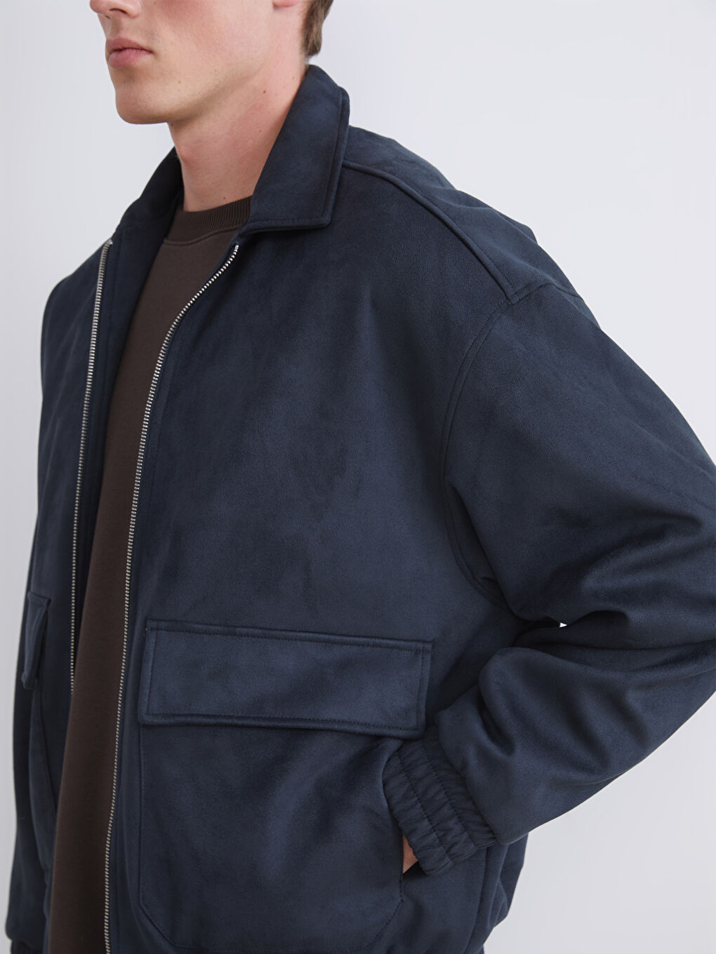 Relaxed Fit Collared Neck Suede Men's Coat-3