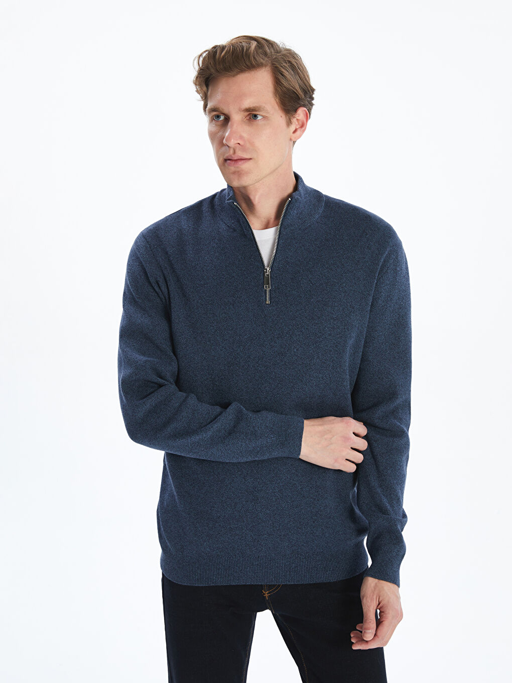 Funnel Neck Long Sleeve Men's Knitwear Sweater