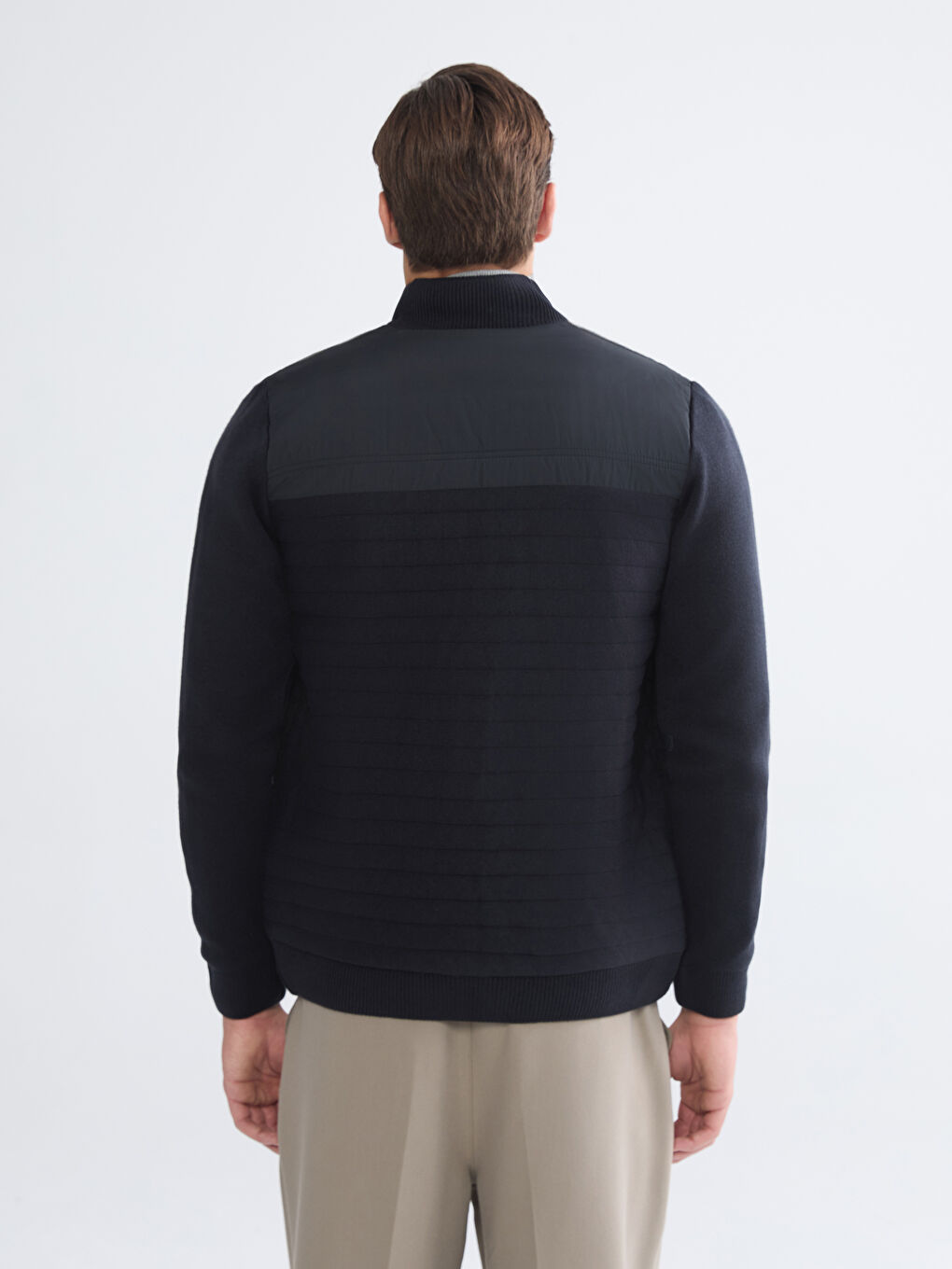 Lacivert Standart Kalıp Dik Yaka Erkek Triko Mont-4