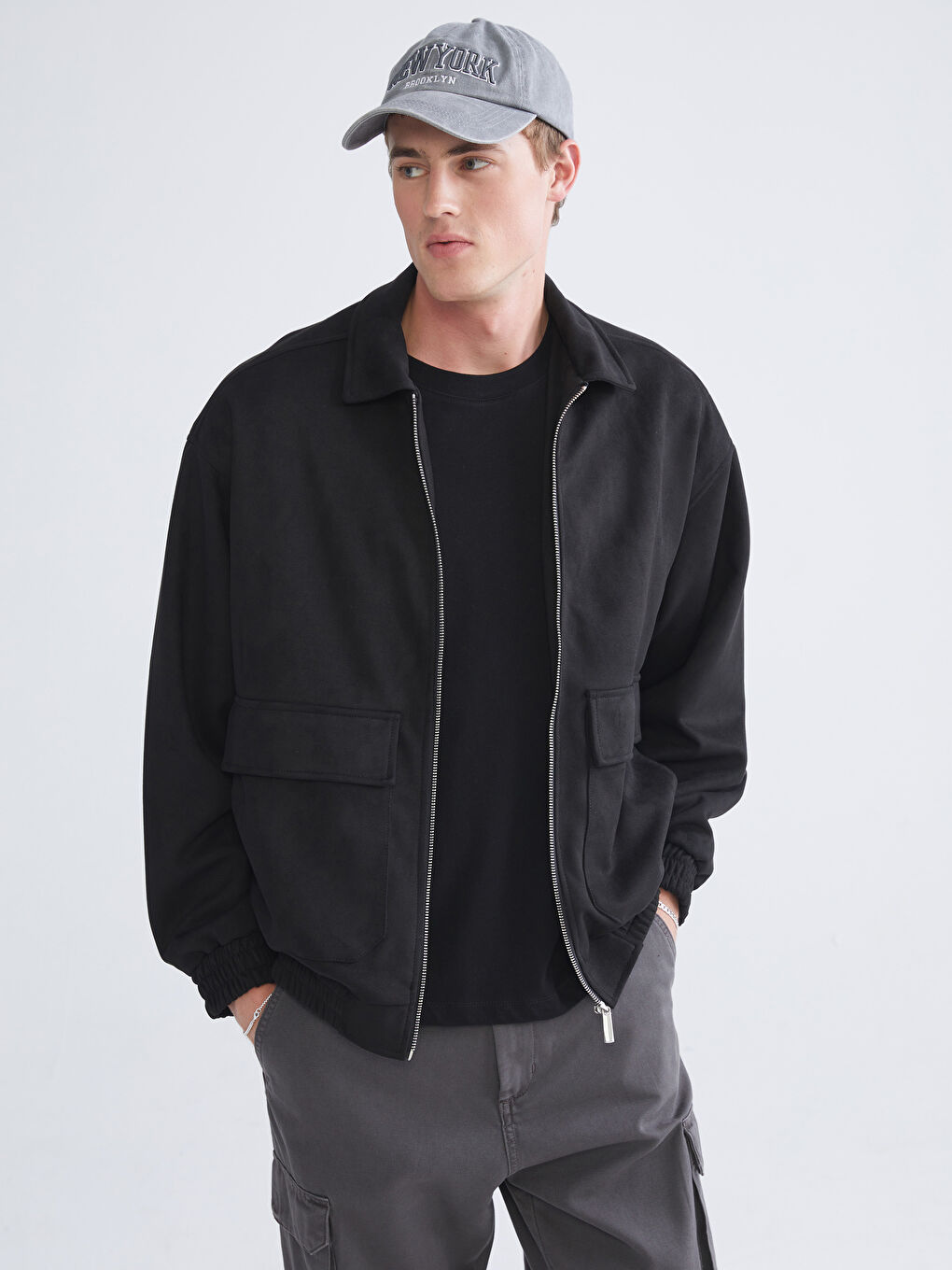 Siyah Rahat Kalıp Gömlek Yaka Süet Erkek Mont