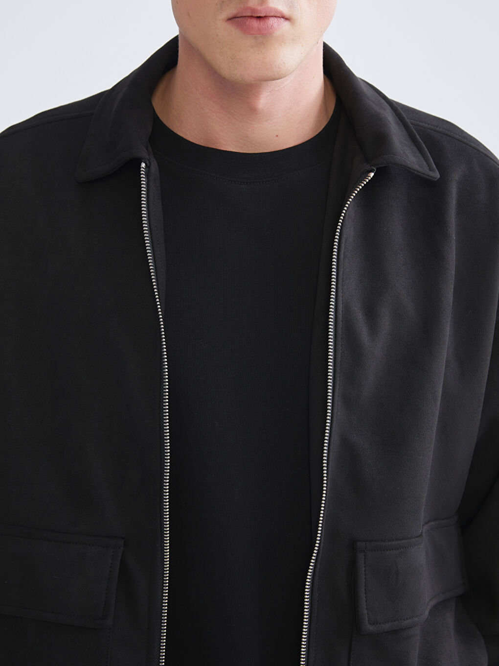 Siyah Rahat Kalıp Gömlek Yaka Süet Erkek Mont-2