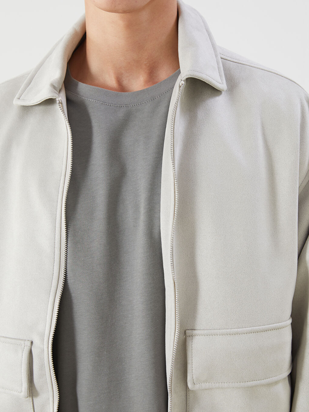 Gri Rahat Kalıp Gömlek Yaka Süet Erkek Mont-2