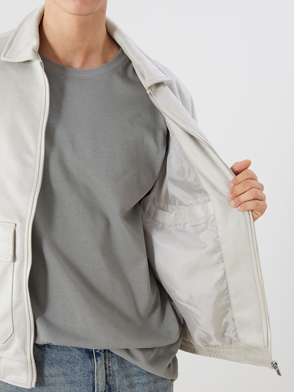 Gri Rahat Kalıp Gömlek Yaka Süet Erkek Mont-3