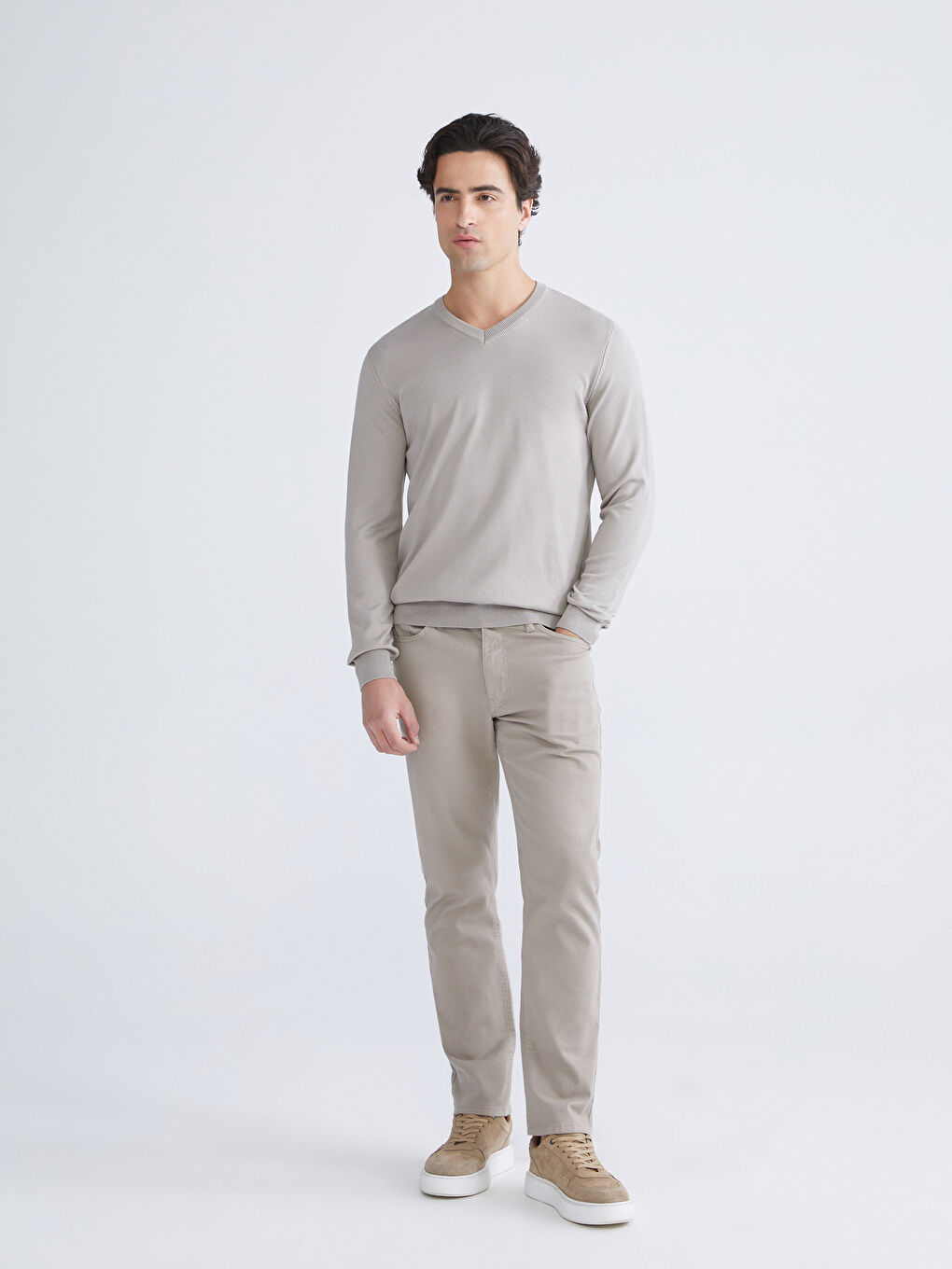 Bej V Yaka Erkek Triko Kazak-1