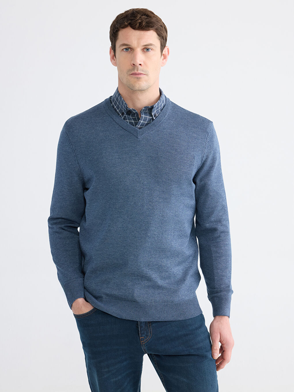 Mavi V Yaka Erkek Triko Kazak