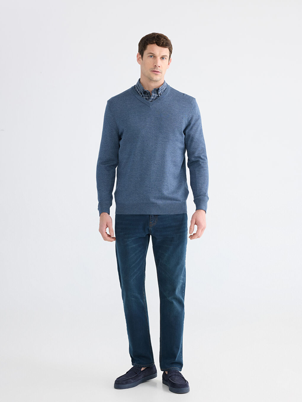 Mavi V Yaka Erkek Triko Kazak-1