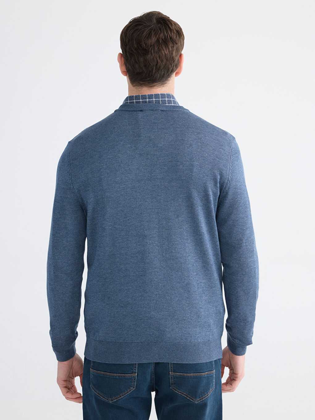 Mavi V Yaka Erkek Triko Kazak-3