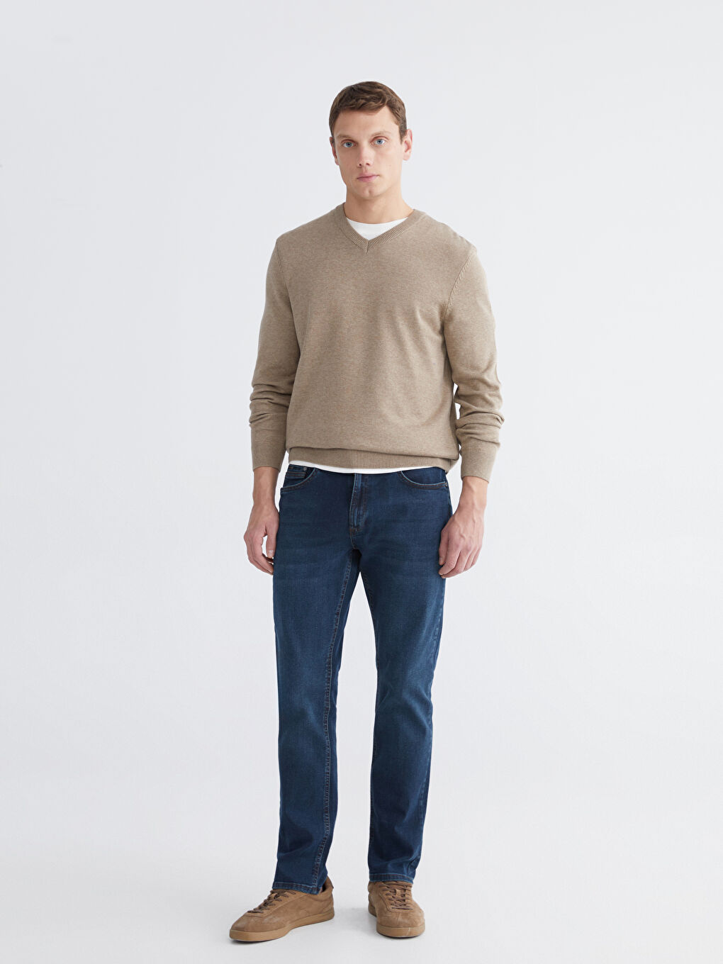 Bej V Yaka Erkek Triko Kazak-1