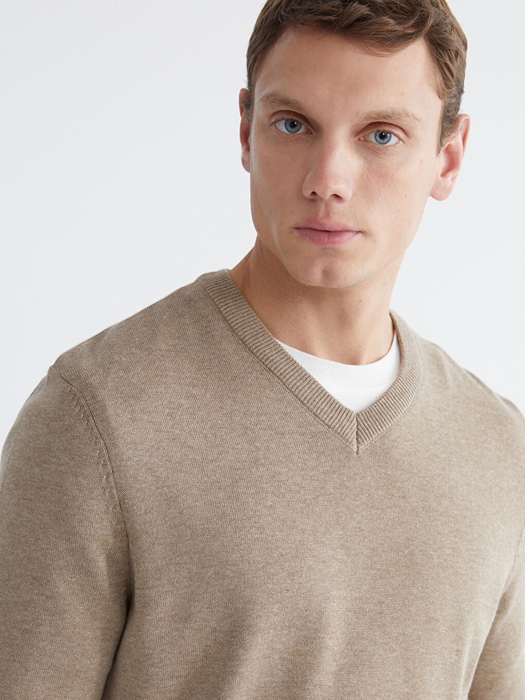 Bej V Yaka Erkek Triko Kazak-2