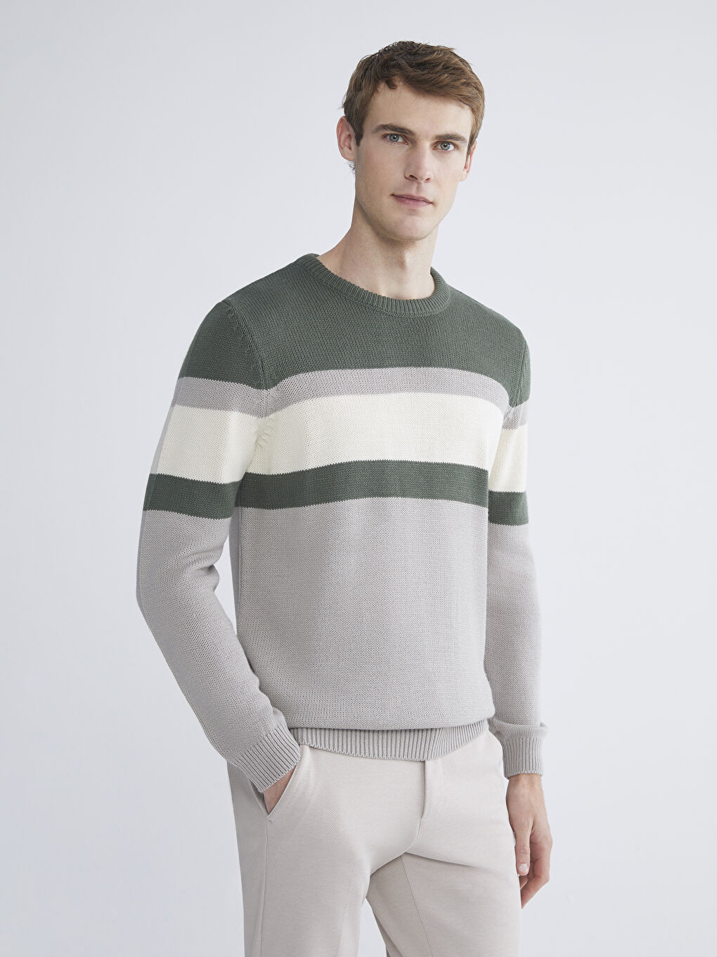 Yeşil Bisiklet Yaka Uzun Kollu Renk Bloklu Erkek Triko Kazak