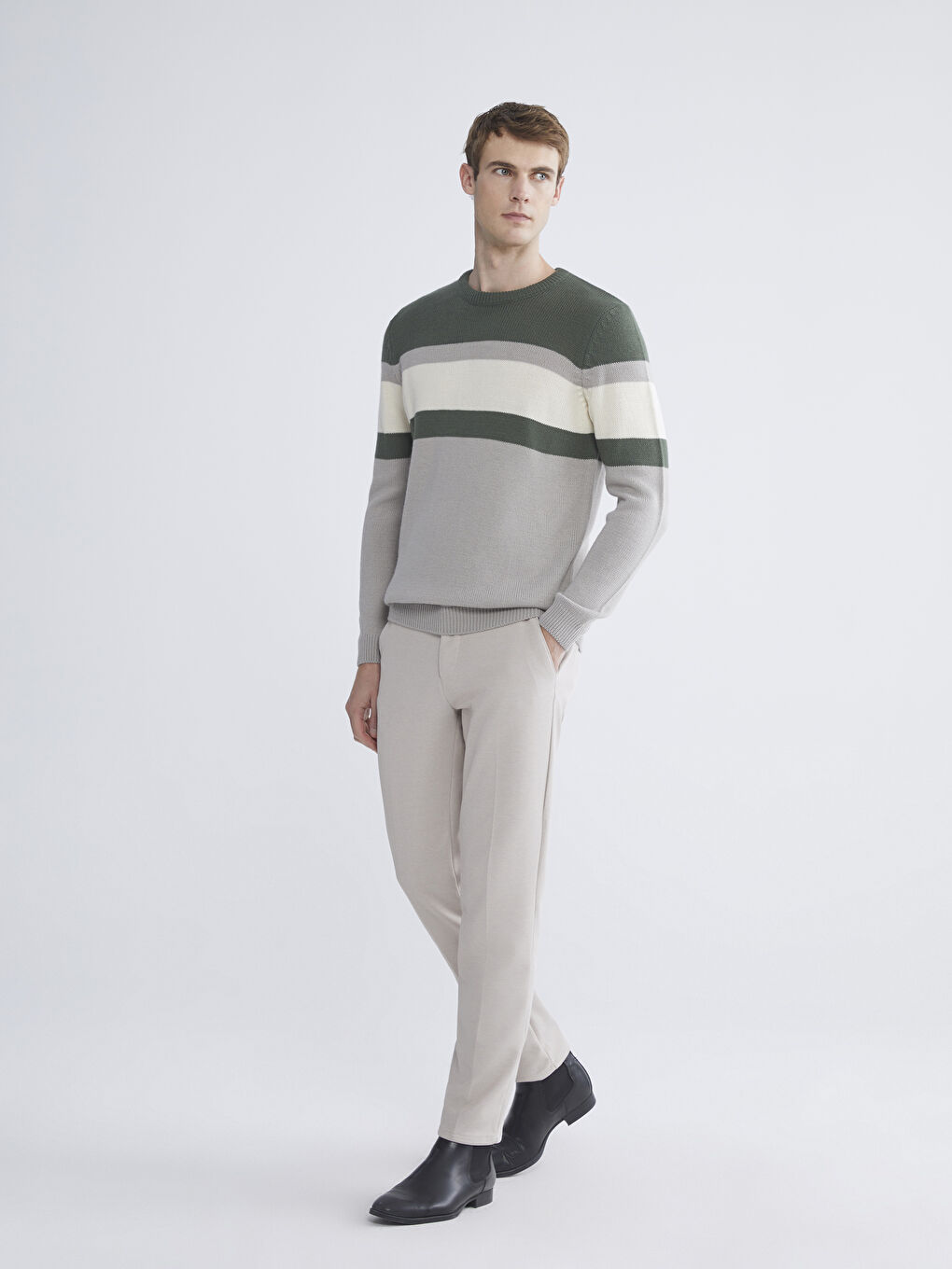 Yeşil Bisiklet Yaka Uzun Kollu Renk Bloklu Erkek Triko Kazak-1